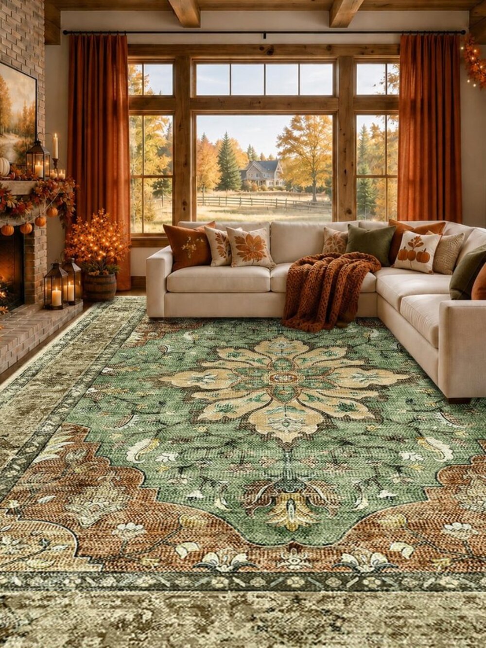 Washable Area Rug, 8'x10', Brick/Brown/Green - Picture 2 of 8